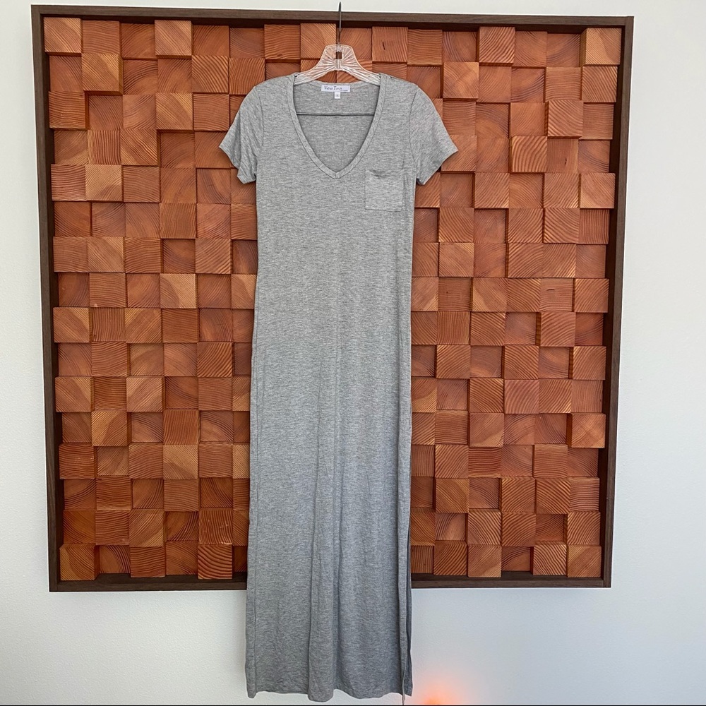 Woman’s Nordstrom Gray V Neck Side Slit, Long Tee Dress NWOT